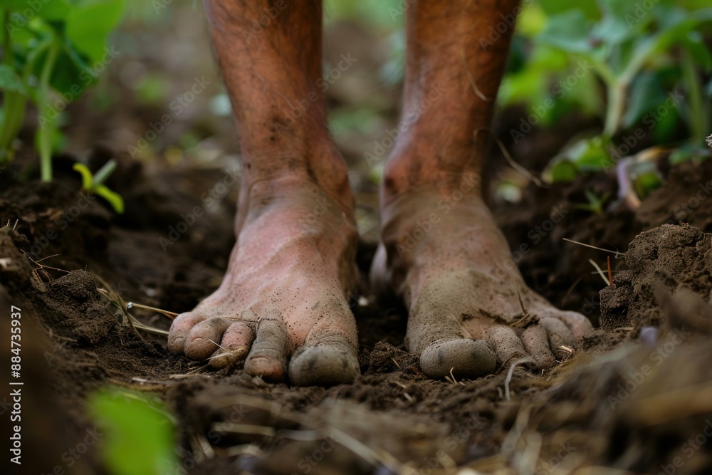 Closeup of a farmer's bare feet on fertile ground, symbolizing connection to earth Closeup of a farmer's bare feet on fertile ground, symbolizing connection to earth