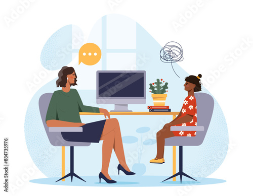 Child psychiatrist concept. Woman supports sad girl. Negative feelings and emotions. Frustration, depression and loneliness. Consultation and advice from psychologist. Flat vector illustration