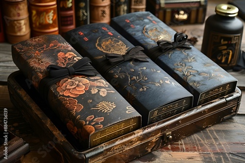A box of Chinese tea with a decorative bow on top.