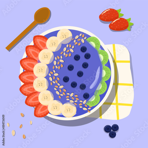 Illustration vector graphic of blueberry acai smoothie bowl with banana, blueberries, strawberries and oats vector top view 