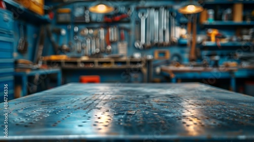 Wallpaper Mural A metal blank tabletop with blurred automotive tools and parts in the background suitable for promoting automotive products Torontodigital.ca