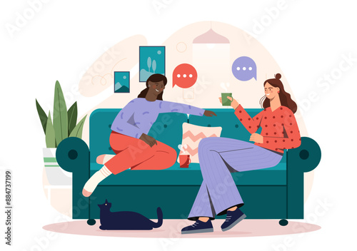 Women rest at home. Young girls sit on sofa with hot drinks and chat. Friends with tea or coffee will discuss rumors and gossip, chatting. Flat vector illustration isolated on white background