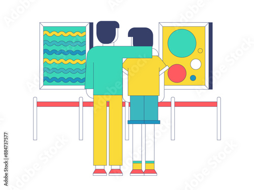 Couple visitors look in art museum. Museum vector illustration