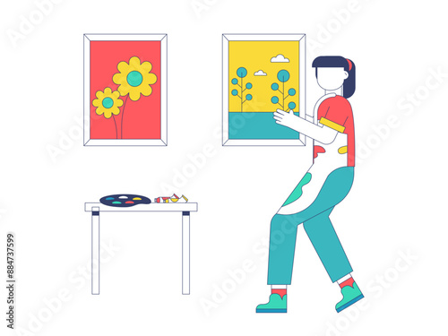 Workers are installing paintings in the museum. Museum vector illustration