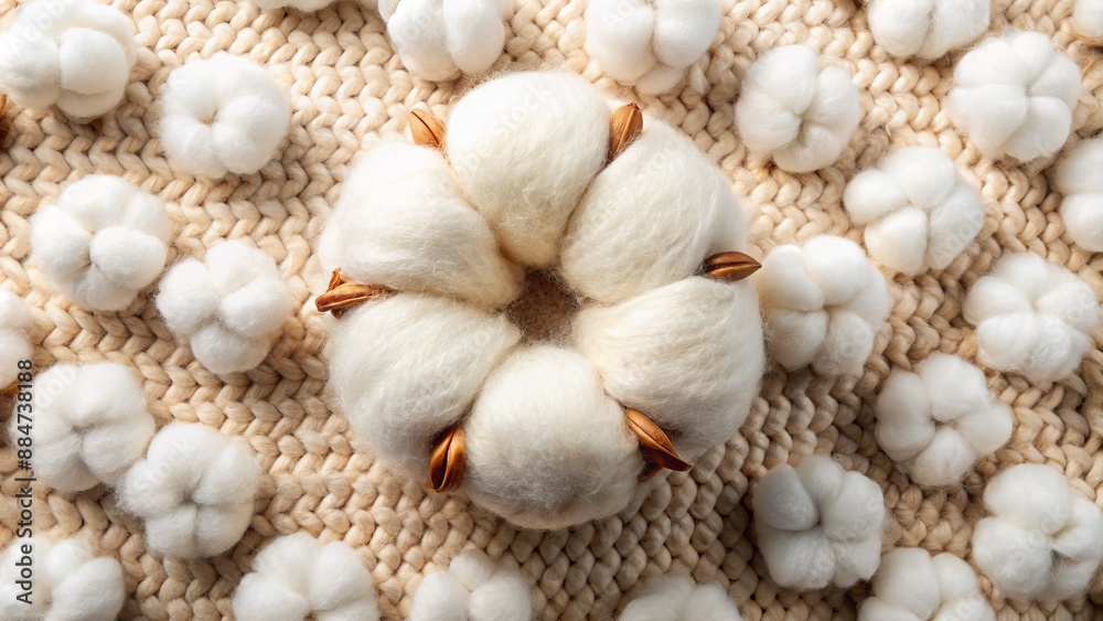 A soft, white, fluffy cotton ball encircled by a stitches-patterned border, symbolizing natural, high-quality, 100%, pure, fabric material. A soft, white, fluffy cotton ball encircled by a stitches-patterned border, symbolizing natural, high-quality, 100%, pure, fabric material.