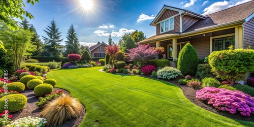 Perfectly manicured lawn and flowerbed with shrubs in sunshine, in a residential backyard setting, manicured, lawn