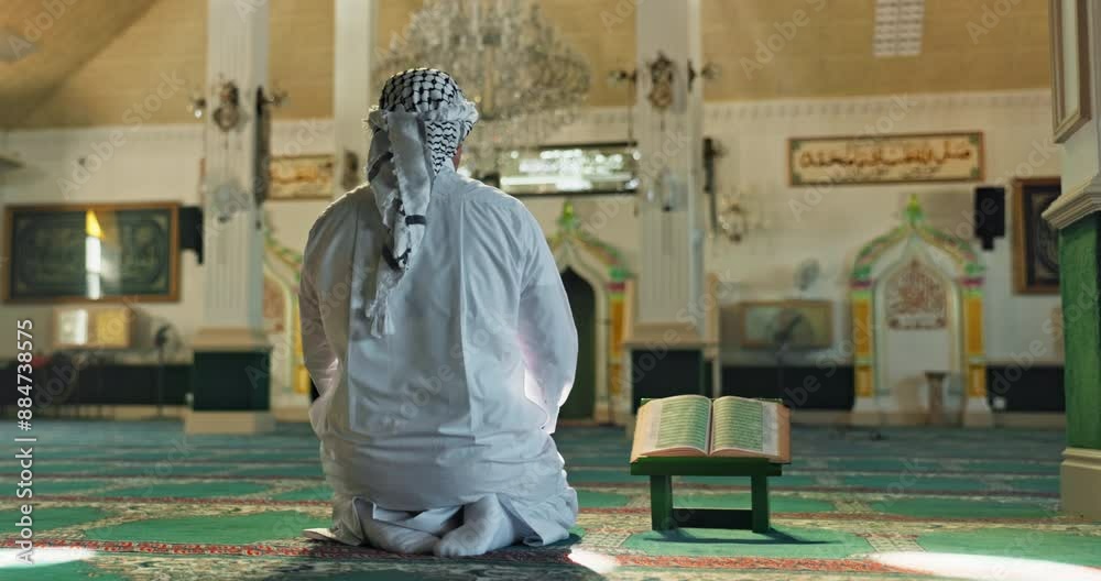Muslim, man and prayer or dua in mosque for religious worship, spiritual faith or gratitude in praise. Back, islamic person or kneeling in holy temple and praying to Allah for Palestine in solidarity Muslim, man and prayer or dua in mosque for religious worship, spiritual faith or gratitude in praise. Back, islamic person or kneeling in holy temple and praying to Allah for Palestine in solidarity