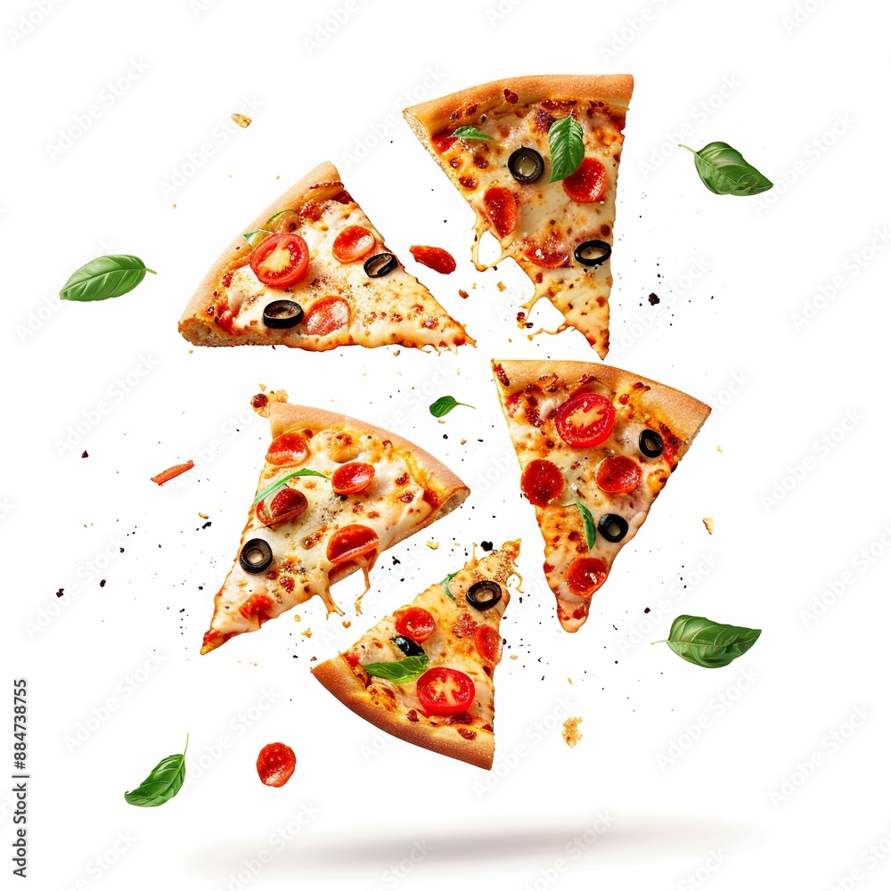 Pizza slices flying, isolated on white background Pizza slices flying, isolated on white background