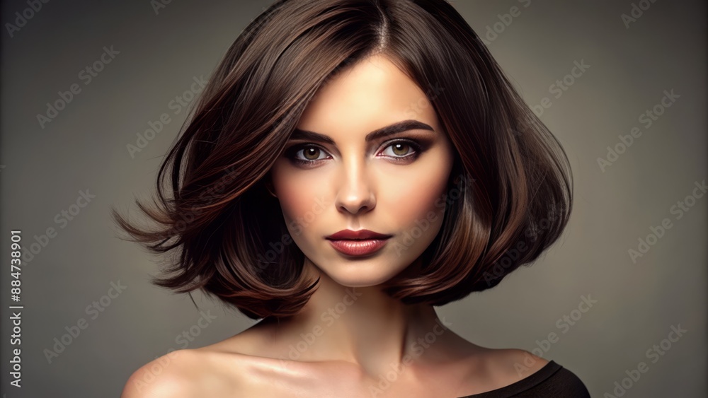 Fototapeta premium Soft, silky strands of dark brown hair frame a minimalist background, showcasing a stylish, chin-length haircut with subtle layering.