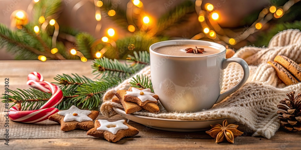 Cozy holiday scene with a cup of hot chocolate and freshly baked cookies, Christmas, sweets, indulgence, festive, winter, cocoa Cozy holiday scene with a cup of hot chocolate and freshly baked cookies, Christmas, sweets, indulgence, festive, winter, cocoa