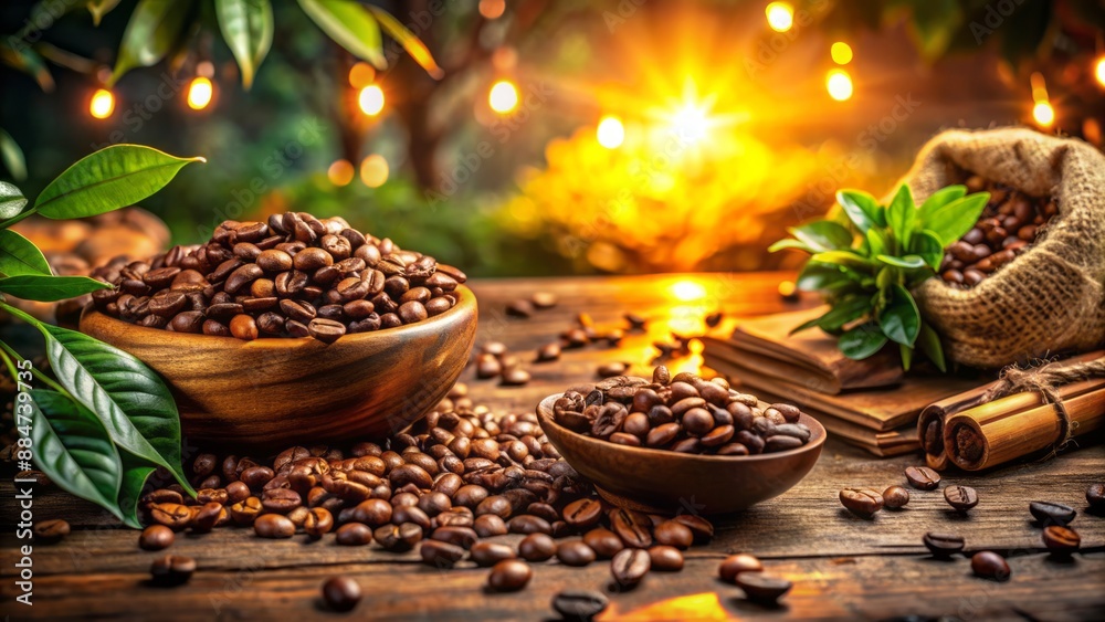 Rustic wooden table scattered with freshly roasted aromatic coffee beans surrounded by lush greenery and warm golden lighting ambiance. Rustic wooden table scattered with freshly roasted aromatic coffee beans surrounded by lush greenery and warm golden lighting ambiance.