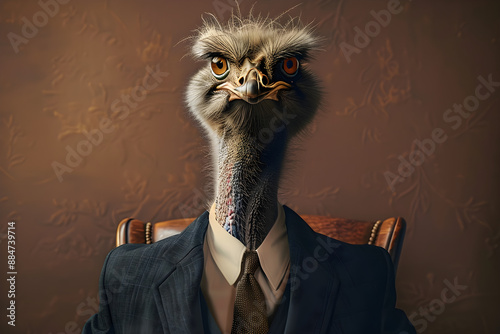 Ostrich in an elegant business suit exuding confidence and sophistication. Ideal for depicting unique business concepts, leadership, and creativity with ample copy space. photo