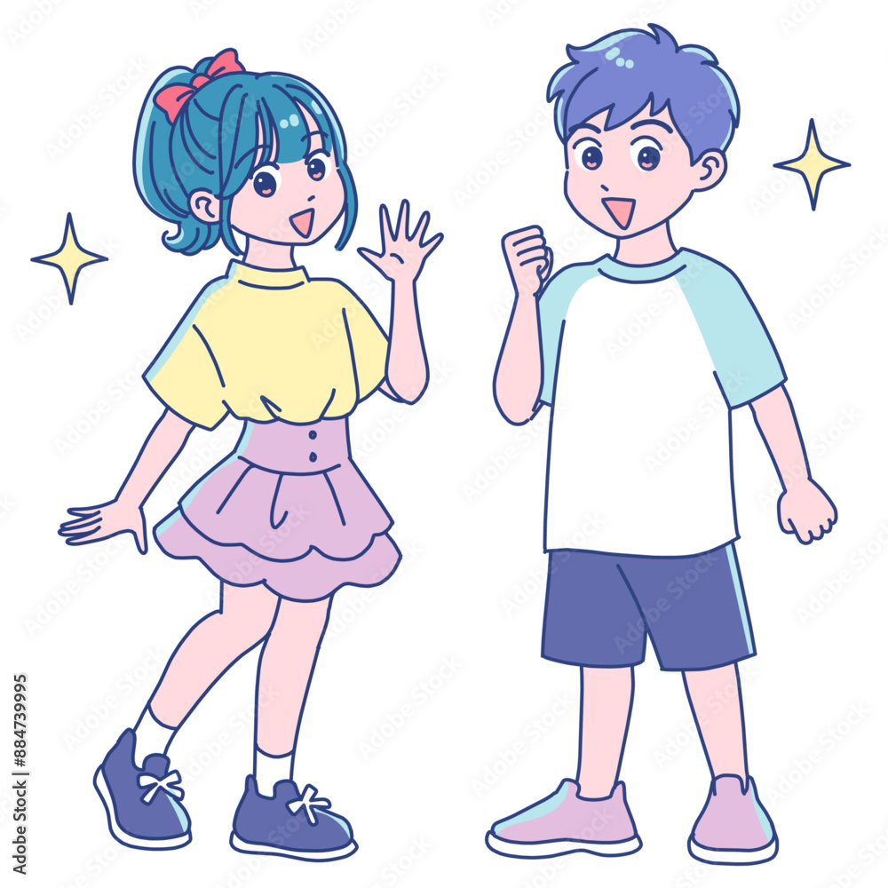 元気にガッツポーズする小学生女子と男子 元気にガッツポーズする小学生女子と男子