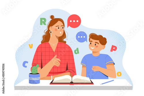 Kid doing homework with mom. Mother helps her son prepare for test or exam. Education and learning. Woman with boy reads book. Flat vector illustration isolated on white background