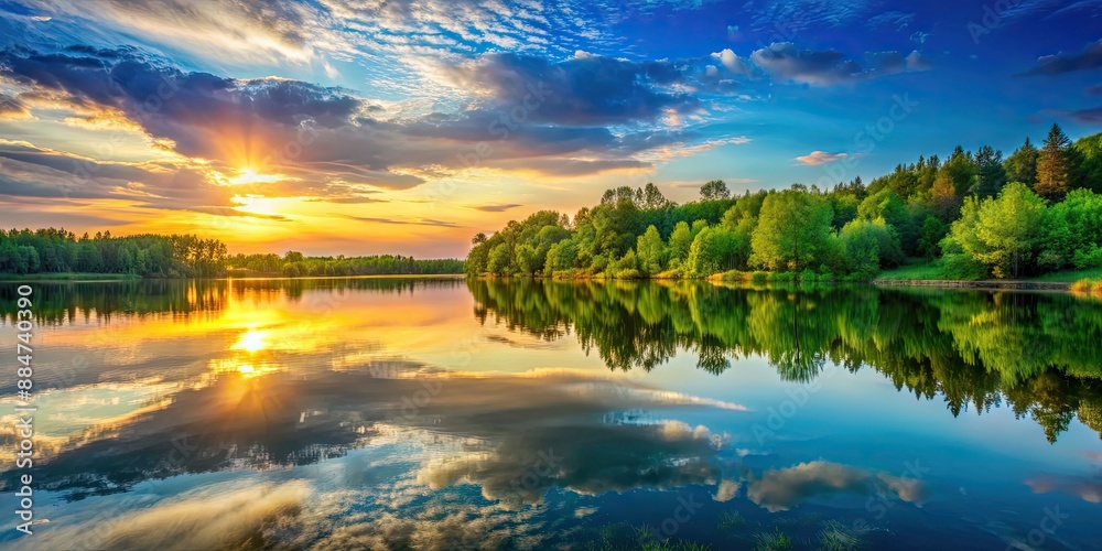 Tranquil sunset over a lake with reflection of lush green forest on the water surface, sunset, lake, reflection, tranquil, serene Tranquil sunset over a lake with reflection of lush green forest on the water surface, sunset, lake, reflection, tranquil, serene