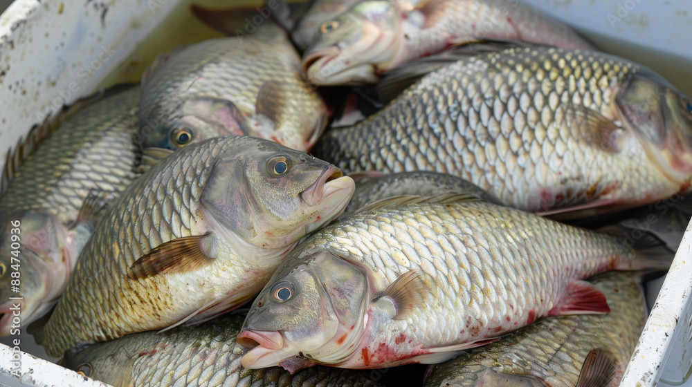 Close-Up of Live Nile Tilapia Fish in White Styrofoam Container Close-Up of Live Nile Tilapia Fish in White Styrofoam Container