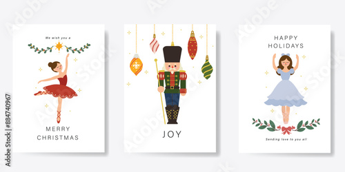 Set of Christmas and Happy new year holiday card vector. Elegant element of nutcracker, christmas ballet, christmas bauble, leaves on white background. Design illustration for cover, banner, poster.