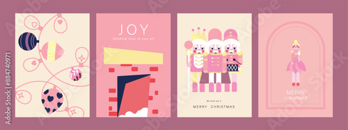 Set of Christmas and Happy new year holiday card vector. Elegant element of nutcracker, christmas ballet, christmas bauble on pink and light background. Design illustration for cover, poster, flyer.