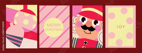 Set of Christmas and Happy new year holiday card vector. Elegant element of nutcracker, christmas ballet, christmas bauble on pink and light background. Design illustration for cover, poster, flyer.