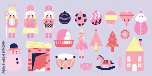 Merry Christmas and happy new year element vector set. Collection of nutcracker, christmas Ballet, pine tree, snowman, hanging decorative. Design suitable for banner, invitation, decoration.