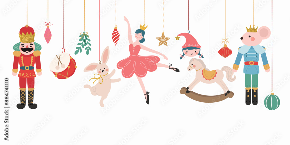 Obraz premium Merry Christmas and happy new year concept background vector. Collection of nutcracker, christmas Ballet, christmas bauble, rabbit, rocking horse. Design suitable for banner, invitation, decoration.