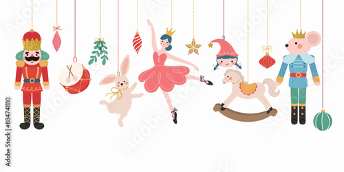 Merry Christmas and happy new year concept background vector. Collection of nutcracker, christmas Ballet, christmas bauble, rabbit, rocking horse. Design suitable for banner, invitation, decoration.