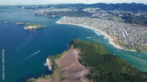 Peninsula Road Scenic Lookout And Whangamata Surf Town In Coromandel Peninsula, North Island of New Zealand. Aerial Shot photo