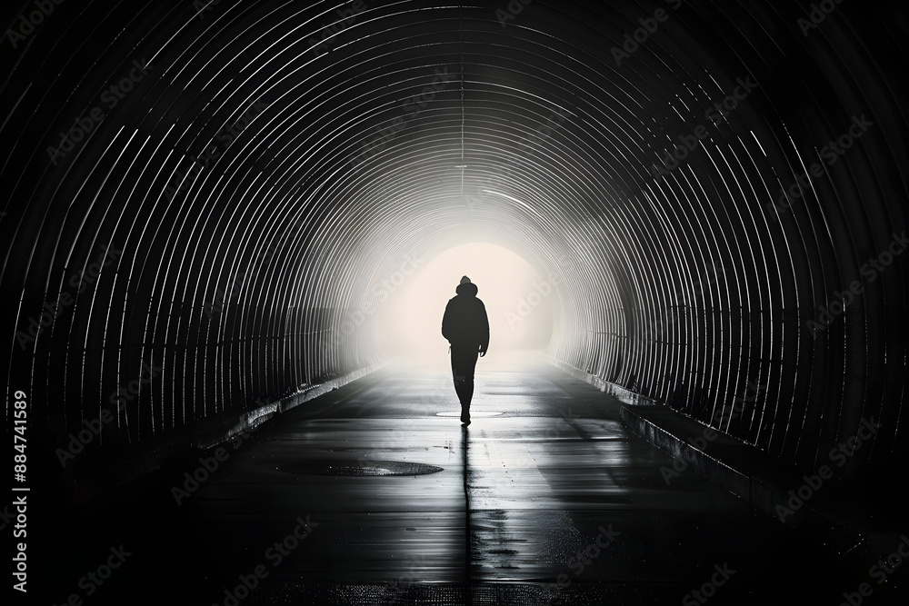 Silhouette of a person walking towards a bright light at the end of a ...