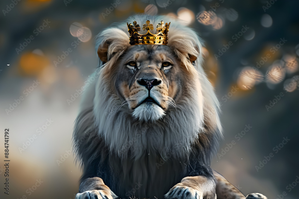 Majestic lion wearing a golden crown sits regally against a blurred ...