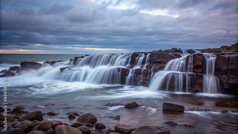Waterfall cascading into the sea with rocks and waves, waterfall, sea, ocean, nature, scenic, landscape, waves, rocks Waterfall cascading into the sea with rocks and waves, waterfall, sea, ocean, nature, scenic, landscape, waves, rocks