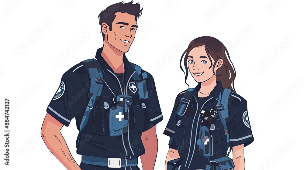 Fototapeta premium Minimalist illustration of a male paramedic and female paramedic, both in uniform, standing side by side and smiling, clean lines and flat colors, white background, simple and modern style, half-body