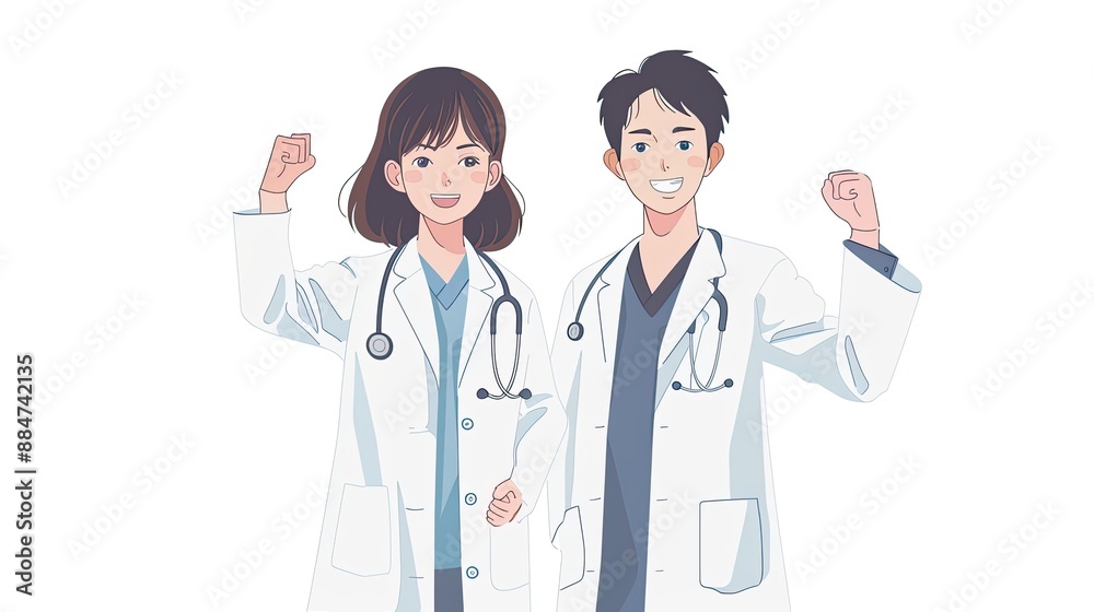 Minimalist illustration of a male and female doctor in medical attire, standing side by side with confident expressions, each raising a fist in a gesture of determination, clean lines and flat Minimalist illustration of a male and female doctor in medical attire, standing side by side with confident expressions, each raising a fist in a gesture of determination, clean lines and flat