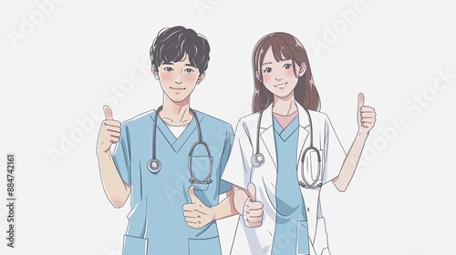 Minimalist illustration of a male nurse and female nurse in medical uniforms, each giving a thumbs up, clean lines and flat colors, white background, simple and modern style, half-body shot,