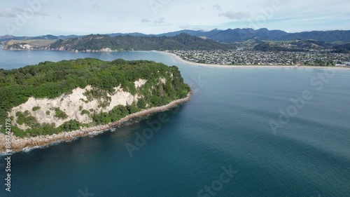 Hauturu Little Barrier Island Near Whangamata Town In Coromandel Peninsula, North Island of New Zealand. Aerial Pullnack Shot photo