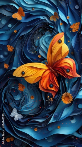 Exquisite craftsmanship: colorful butterfly and flower organic paper sculpture design, an illustration of dreamy romance, perfect for banner, capturing the beauty of nature in intricate detail.