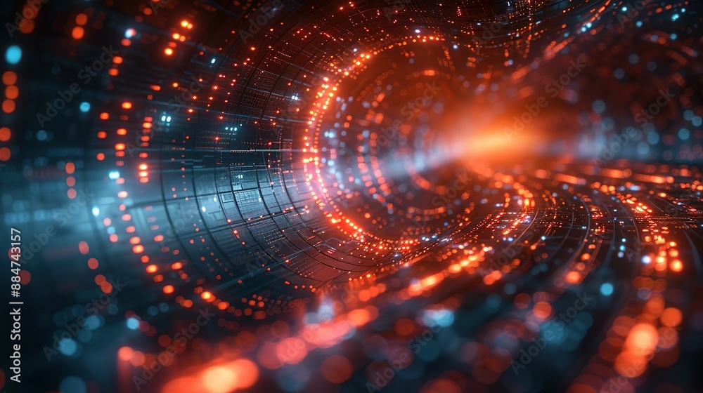 Tech Circles Illuminated in Darkness: 3D Visuals of Big Data and Technology