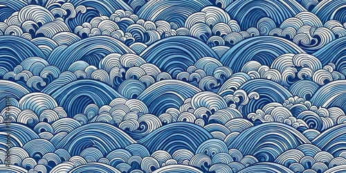 Seamless Japanese wave pattern with wood cut style blue design on ocean texture , Japanese, wave, pattern, seamless