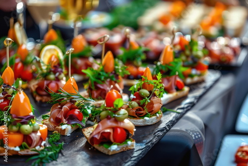 Buffet food catering food party at restaurant mini canapes snacks and appetizers