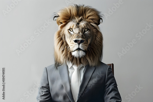 Lion head on a businessman suit, representing strength and leadership in corporate scenarios with ample copy space. Ideal for marketing and business campaigns. photo