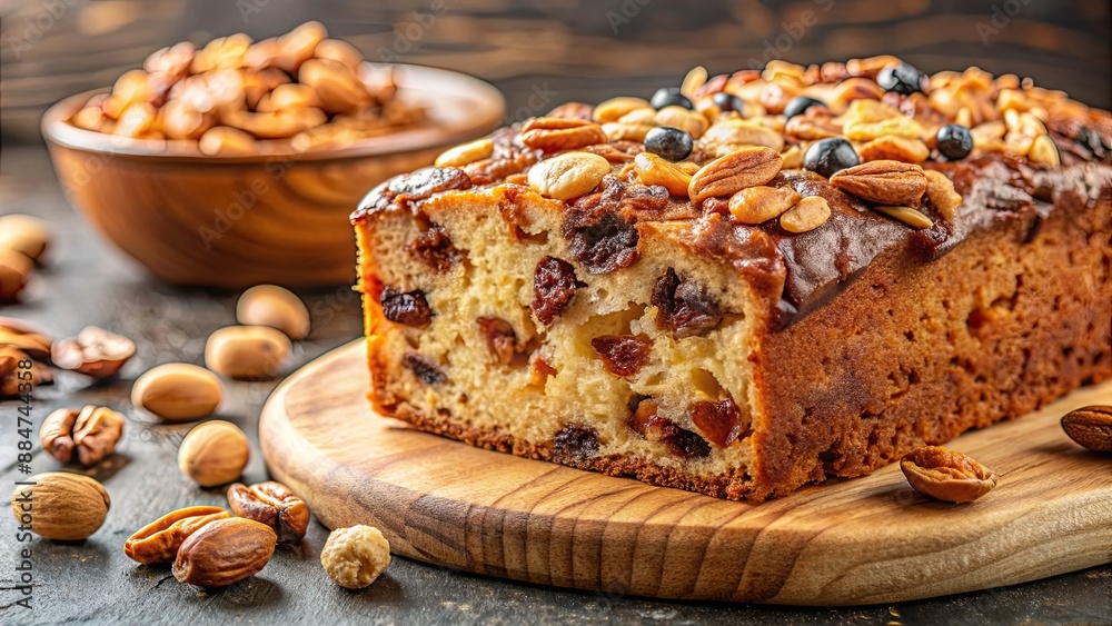 Cake with nuts and raisins, close-up shot, cake, dessert, baked, pastry, sweet, snack, tasty, delicious, homemade, food Cake with nuts and raisins, close-up shot, cake, dessert, baked, pastry, sweet, snack, tasty, delicious, homemade, food