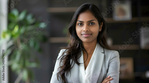 Confident business woman in a light gray suit stands with arms crossed in a modern office, perfect for corporate, professional, and leadership themes.