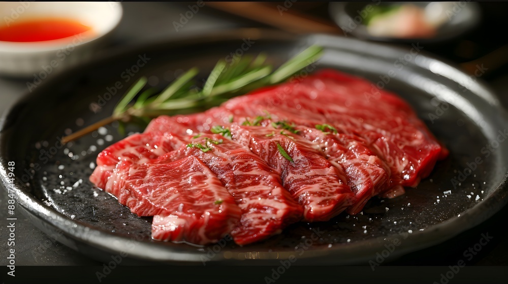 Raw beef on black plate Raw beef on black plate