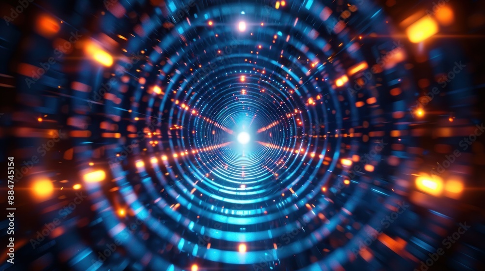 abstract blue light pipe speed zoom on black background technology, hundreds of steams of digital information coming