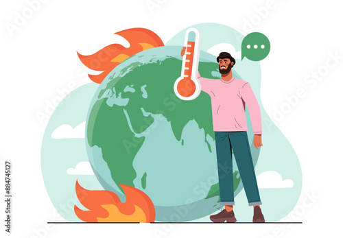 Man with global warming. Young guy with thermometer near burning planet. Stop climate change. Eco activist and volunteer. Care about nature and environment. Flat vector illustration