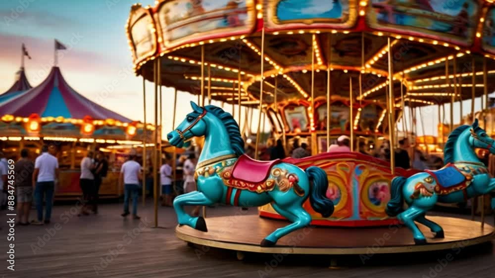 The carousel spins. The colors of the ride make it look happy and fun, like a fairground. This painting captures the beauty and enchantment of a carousel.
