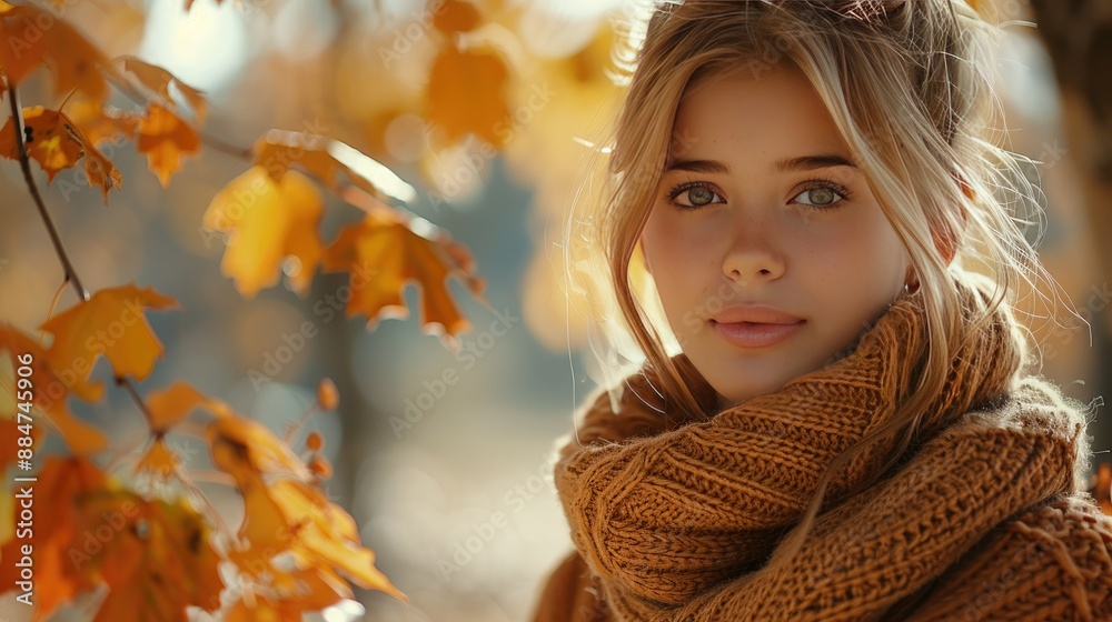 Young Woman in Cozy Knit Scarf Amidst Autumn Foliage, Golden Leaves, Fall Season Tranquility Young Woman in Cozy Knit Scarf Amidst Autumn Foliage, Golden Leaves, Fall Season Tranquility