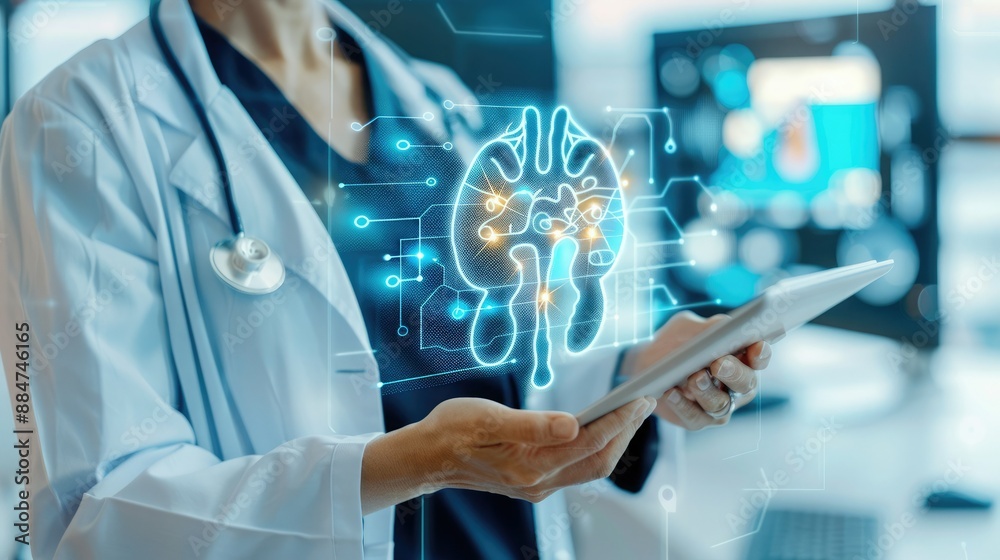 Doctor analyzing a digital kidney scan on a tablet, highlighting health technology and medical research advancements. Doctor analyzing a digital kidney scan on a tablet, highlighting health technology and medical research advancements.