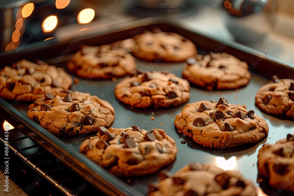 Baking Tray with Freshly Baked Chocolate Chip Cookies Baking Tray with Freshly Baked Chocolate Chip Cookies
