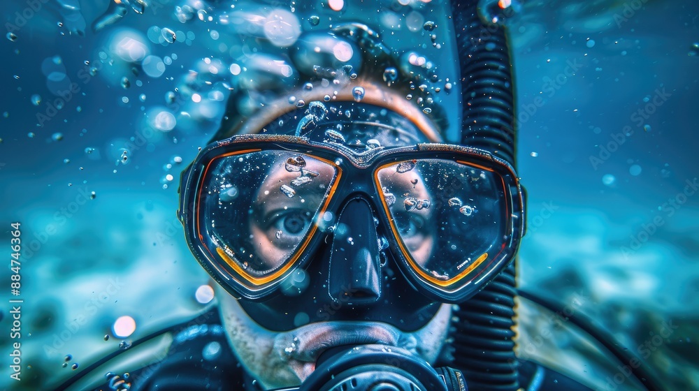 Close-Up Shot of Scuba Diver Underwater with Bubbles and Focused Gaze in Clear Blue Ocean