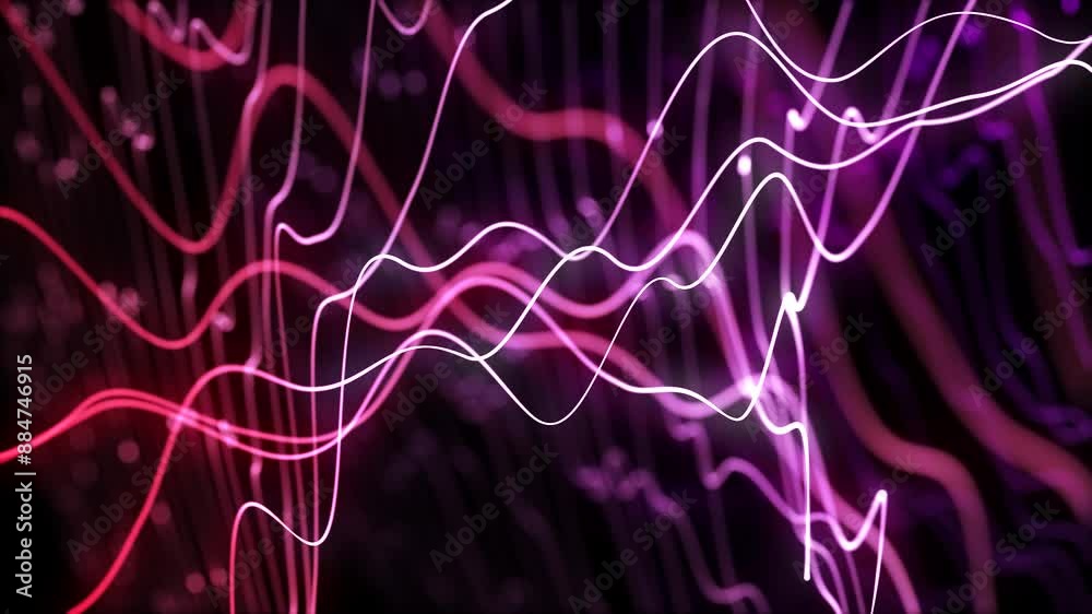 Animated dot wave. Abstract digital particle wave. Technology background. Colored musical wave. Dark background. Digital background with smooth, wavy curves. 3D rendering. 4K animation.